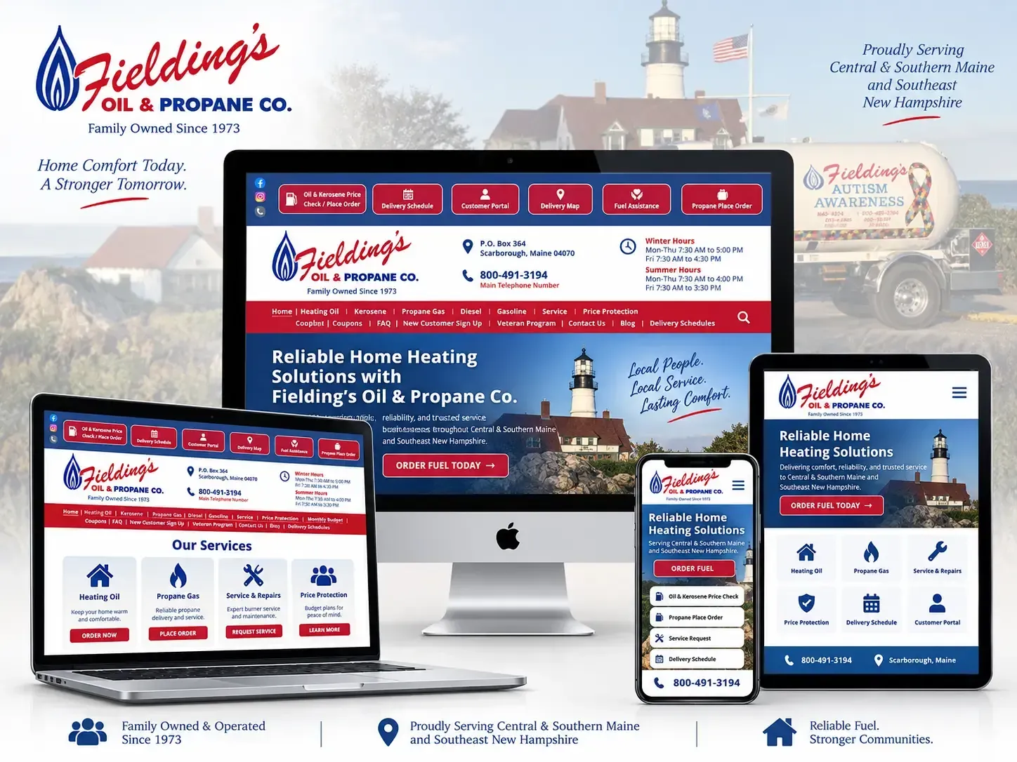 Responsive Fieldings Oil & Propane Co. website shown on desktop, laptop, tablet, and phone screens