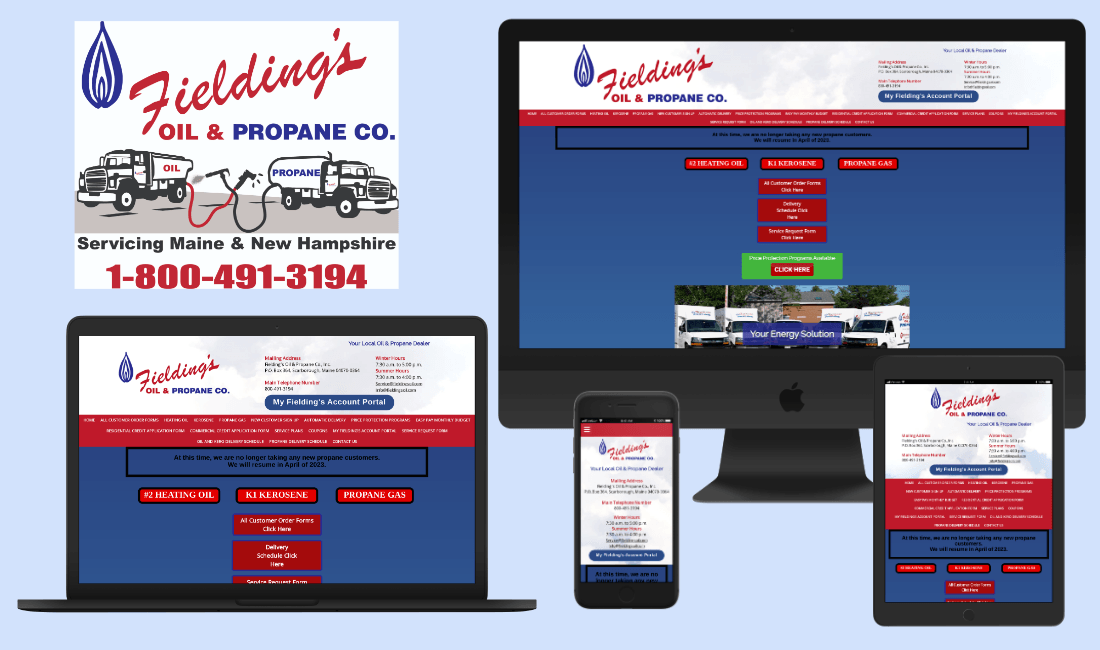 A computer monitor a laptop and a cell phone are displaying a website for fieldings oil and propane co.