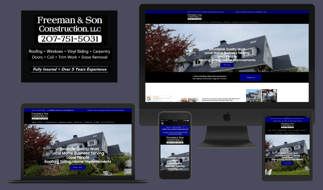 A computer monitor , laptop , cell phone and tablet showing a website for freeman & son construction