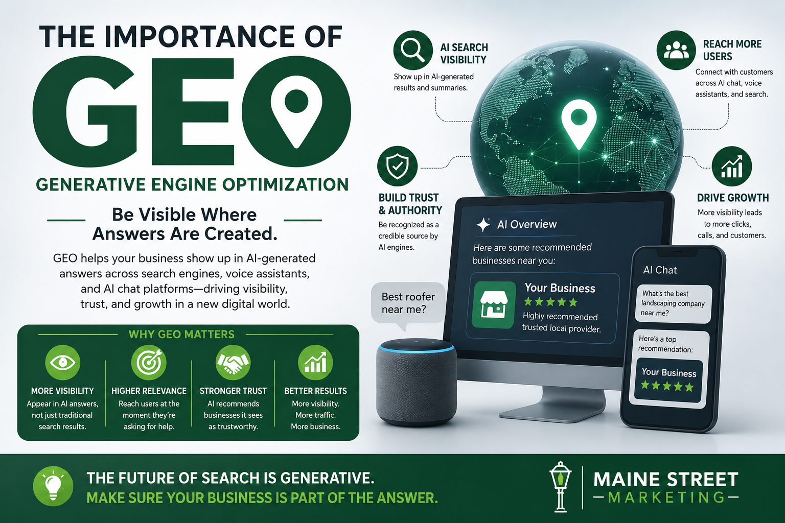 Green geo infographic about generative engine optimization with a globe, phone, and analytics icons