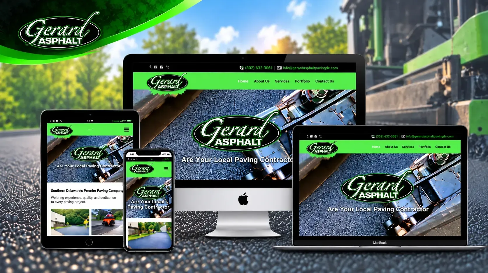 Responsive website mockup on laptop, tablet, and phones with green landscaping branding and outdoor images