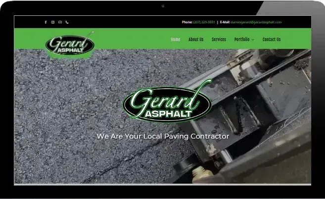 Gerard Asphalt website homepage with green header and asphalt-paving photo background