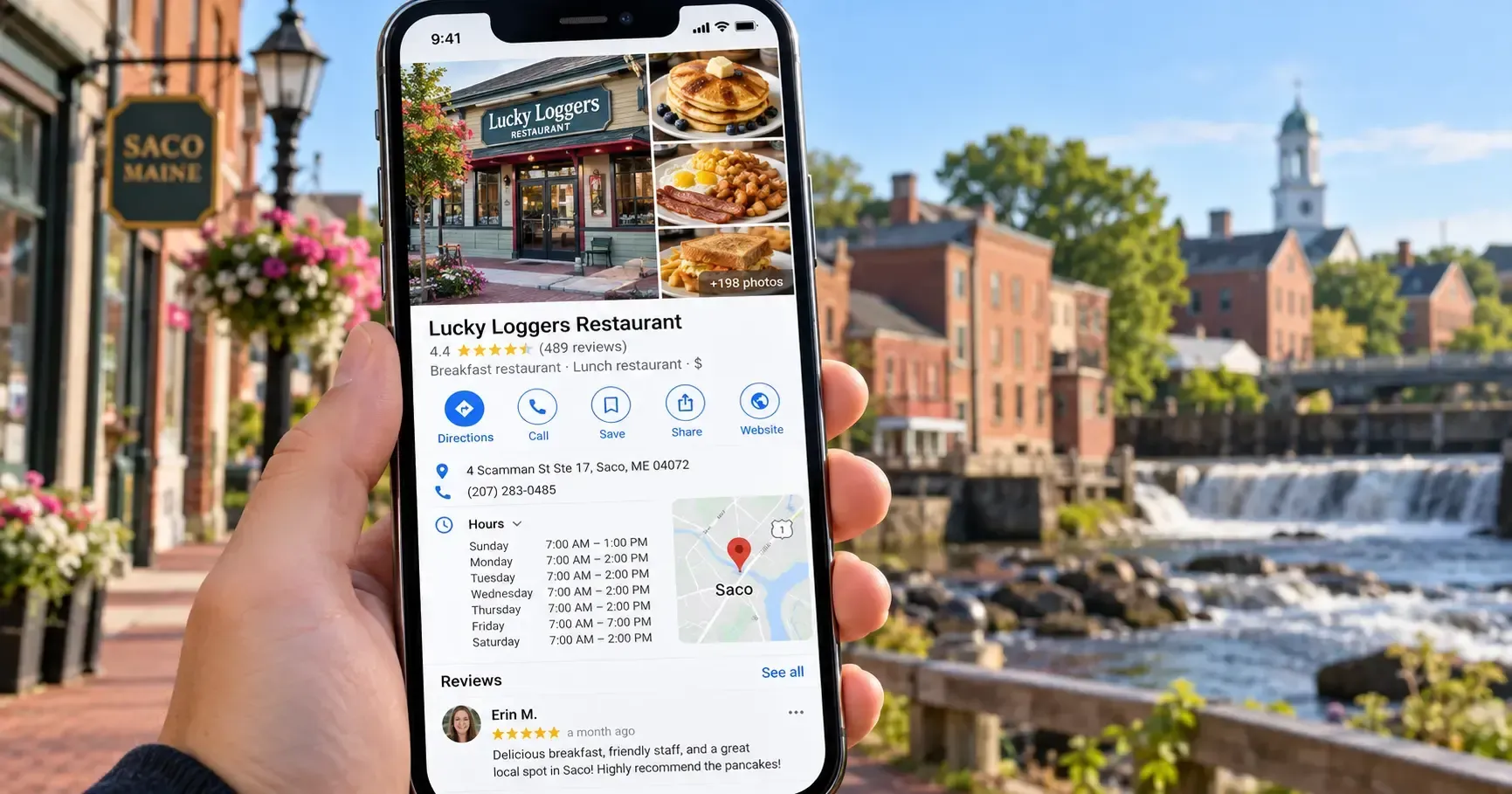 Hand holding phone with Google Maps in a riverfront town, storefronts and church steeple in background