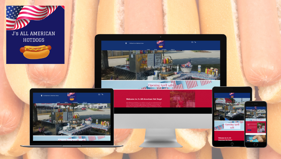 Website mockup for a patriotic travel site displayed on laptop, desktop, tablet, and phone screens