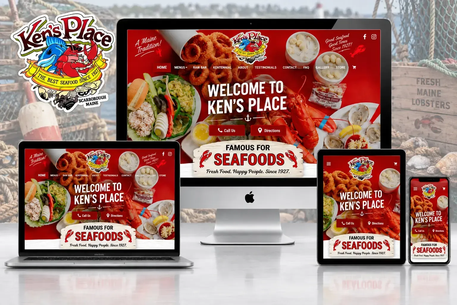 Ken’s Place seafood restaurant promo displayed across laptop, desktop, tablet, and phone screens