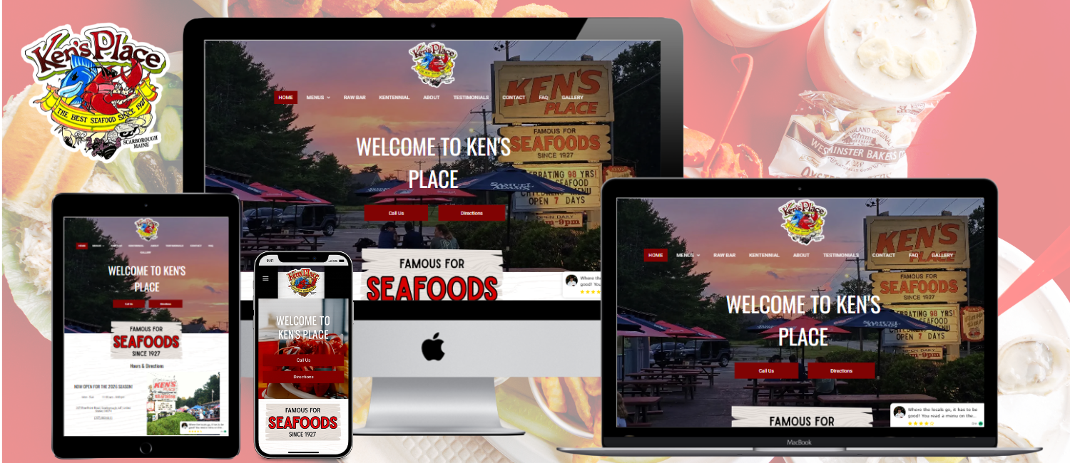 Responsive restaurant website mockup shown on desktop, laptop, tablet, and phone with seafood branding
