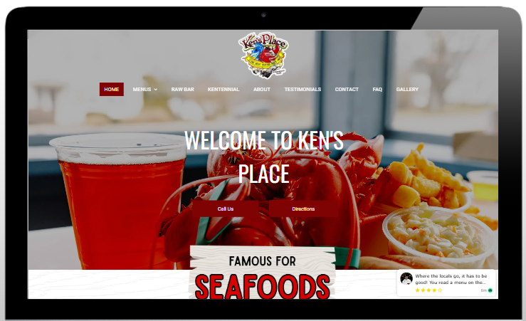 Restaurant website homepage with seafood platter, red drink, and large “Welcome to Ken’s Place” text