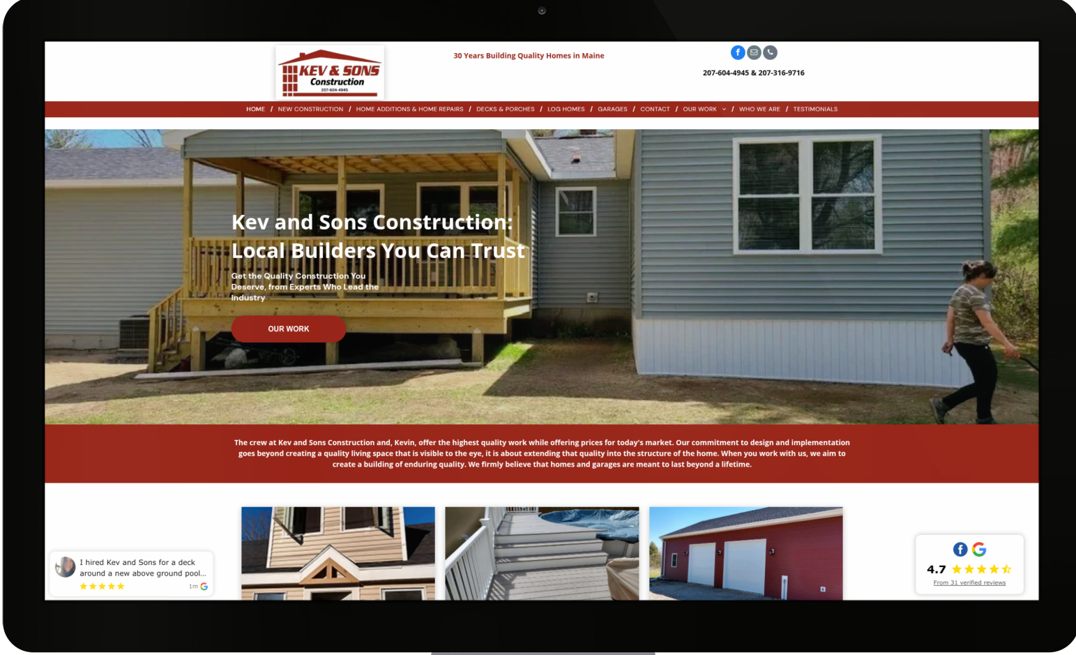 A computer screen shows a picture of a house under construction.