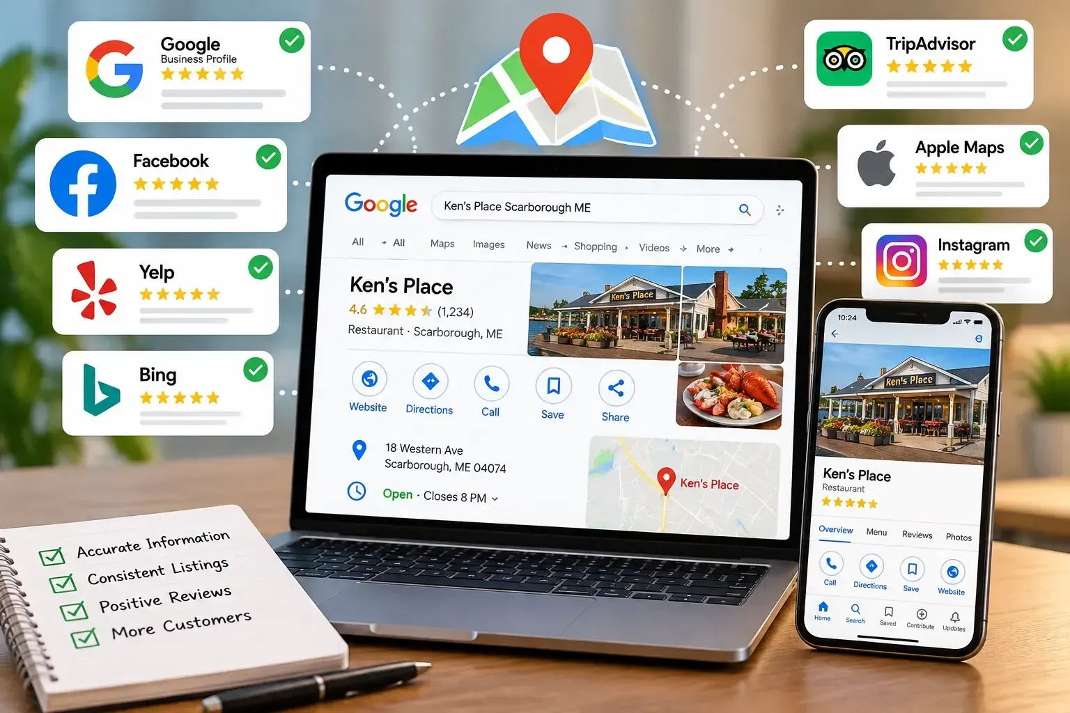 Laptop and phone showing Google Maps business listing, with reviews and local search icons on a desk