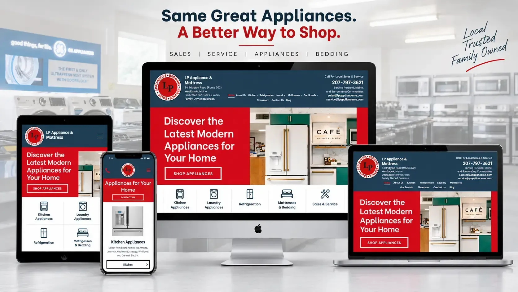 Responsive website mockup on desktop, tablet, and phones with red sale banners and homepage layouts