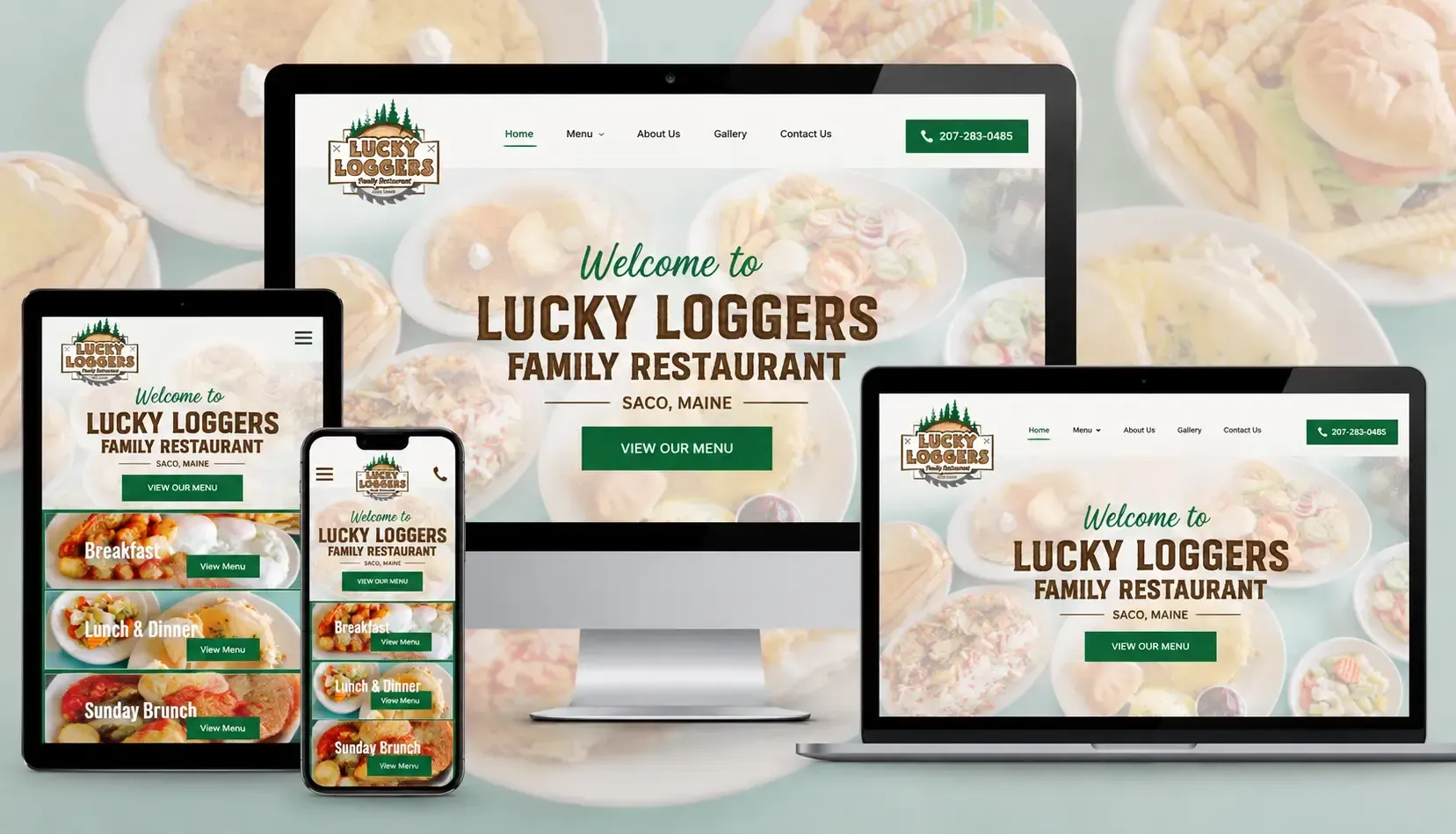 Restaurant website mockup on desktop, laptop, tablet, and phone with “Lucky Loggers Family Restaurant” branding