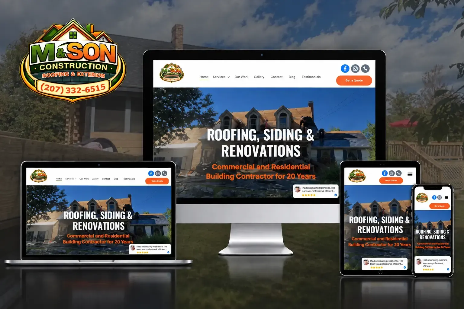 Responsive roofing and remodeling website shown on desktop, laptop, tablet, and phone