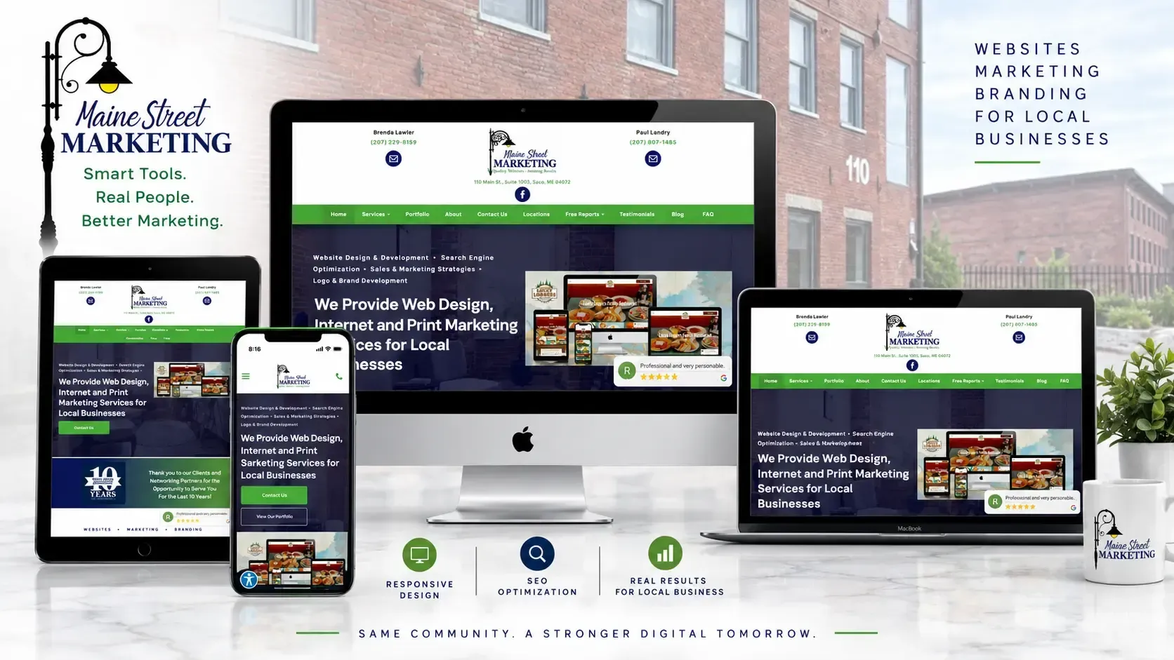 Responsive school website shown on desktop, tablet, and phone in a bright office setting