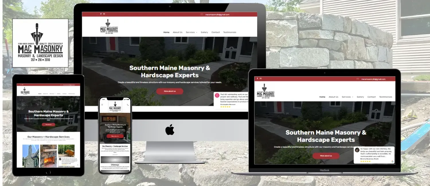 Responsive website mockup on desktop, tablet, and phone with a black-and-white homepage and red accents