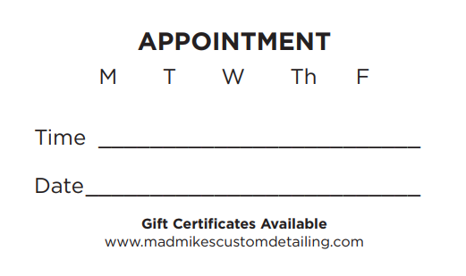 A black and white appointment card with a time and date.