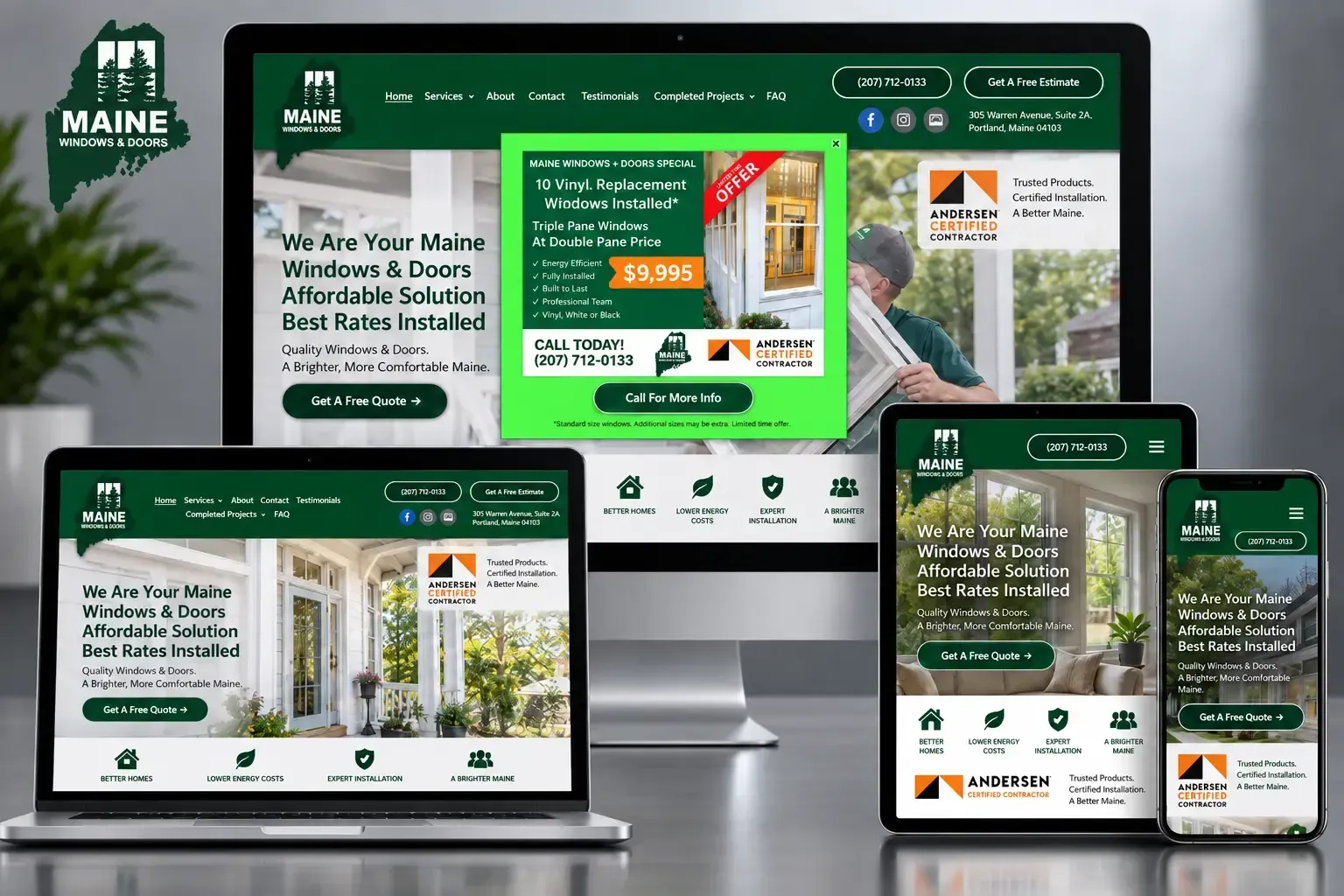 Responsive green website displayed on desktop, laptop, tablet, and phone screens