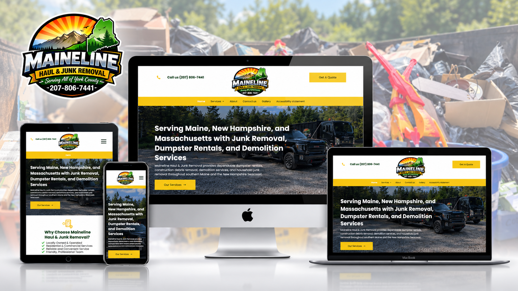 Responsive website mockup on desktop, laptop, tablet, and phone with yellow and black branding