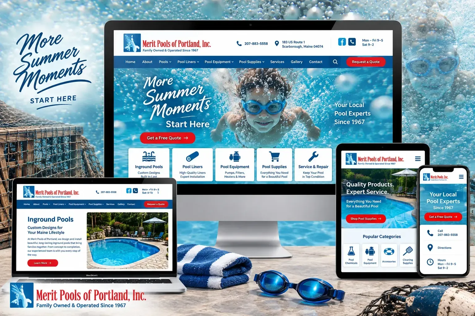 Travel website mockup on desktop, tablet, and phone with blue beach vacation imagery and booking options