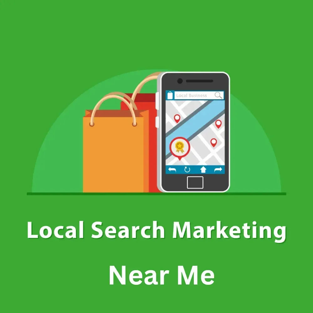 Local search marketing graphic with shopping bag and smartphone map on green background