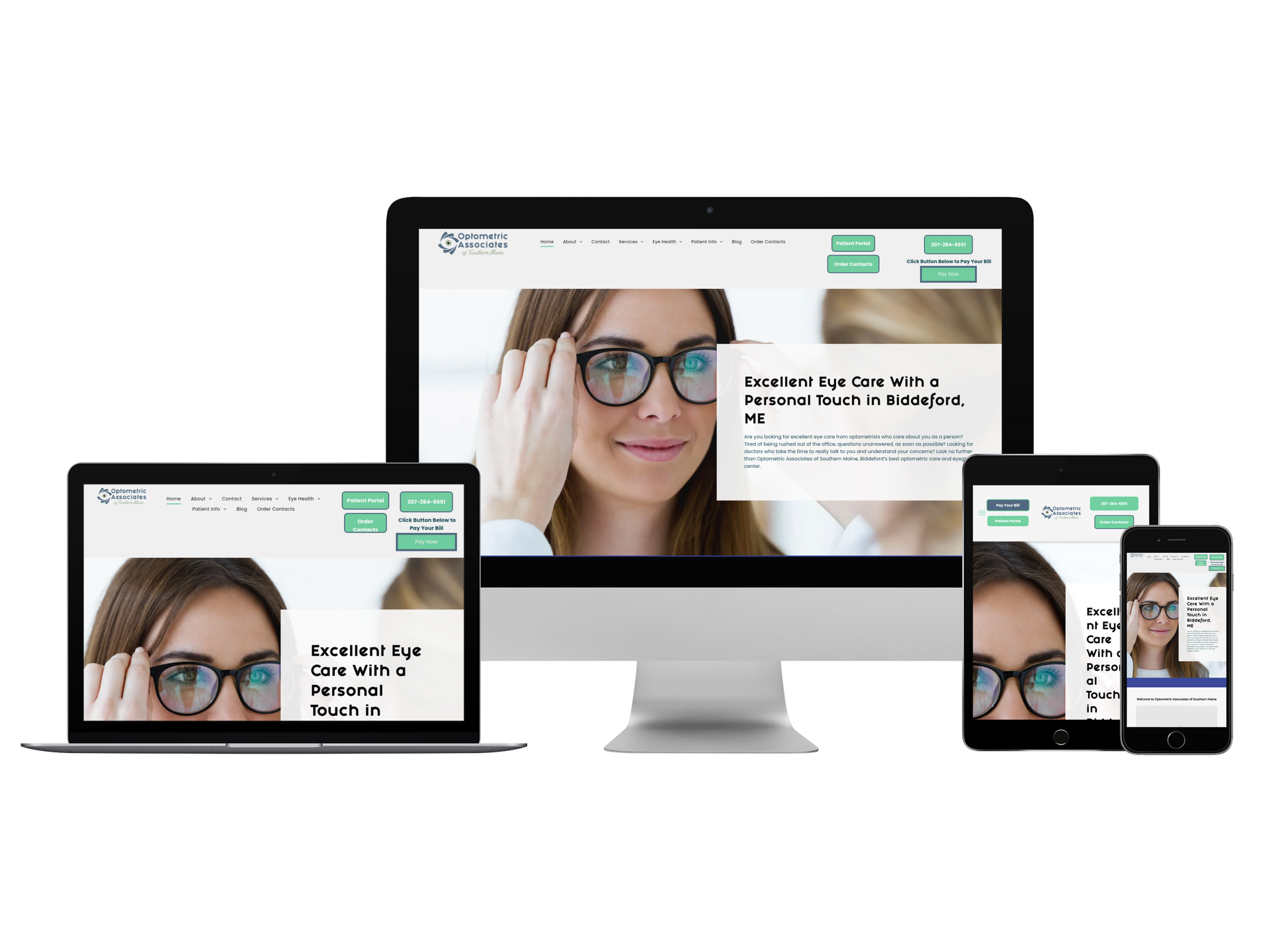Responsive website displayed on laptop, desktop monitor, tablet, and smartphone screen
