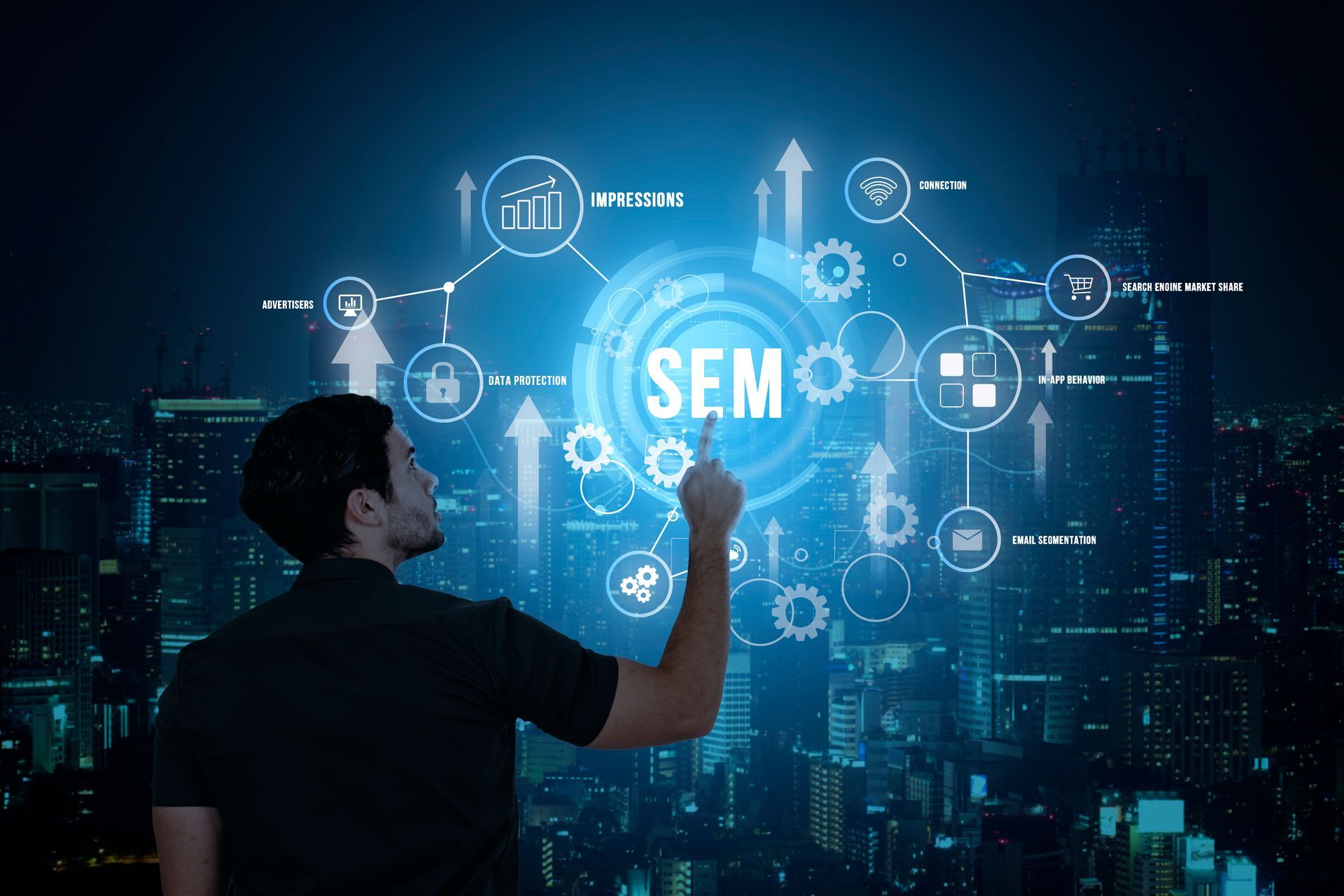 A man is pointing at a screen with the word sem on it.