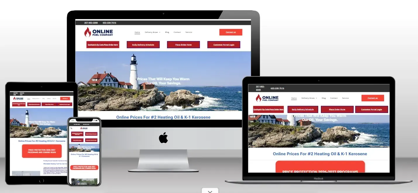 Responsive website shown on desktop, laptop, tablet, and phone screens