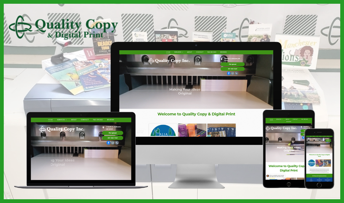 A computer monitor a laptop a phone and a tablet are shown on a green background