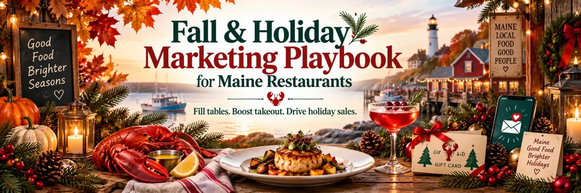 Fall and Holiday Marketing Playbook cover with autumn decor, holiday dishes, and Maine restaurant branding