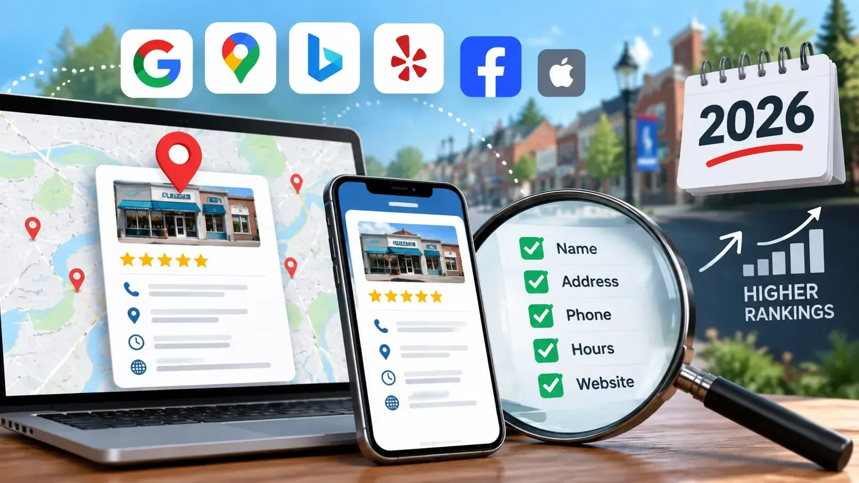 Digital marketing SEO scene with laptop, phone, map pins, rankings shield, and 2026 calendar