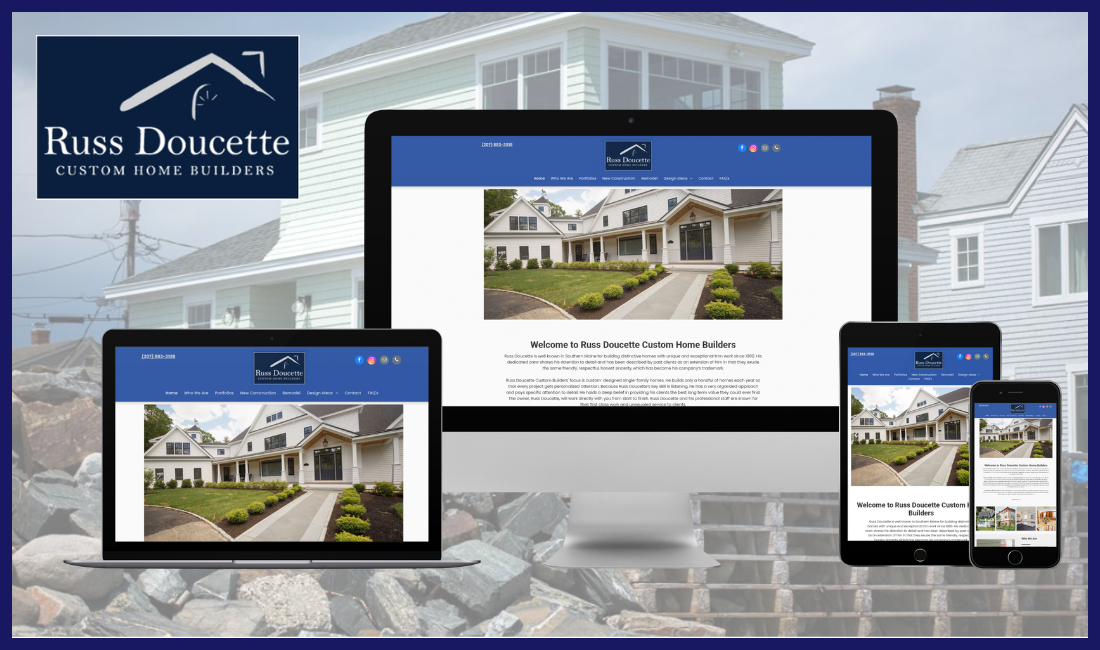 A computer , laptop , tablet , and cell phone displaying a website for a construction company.