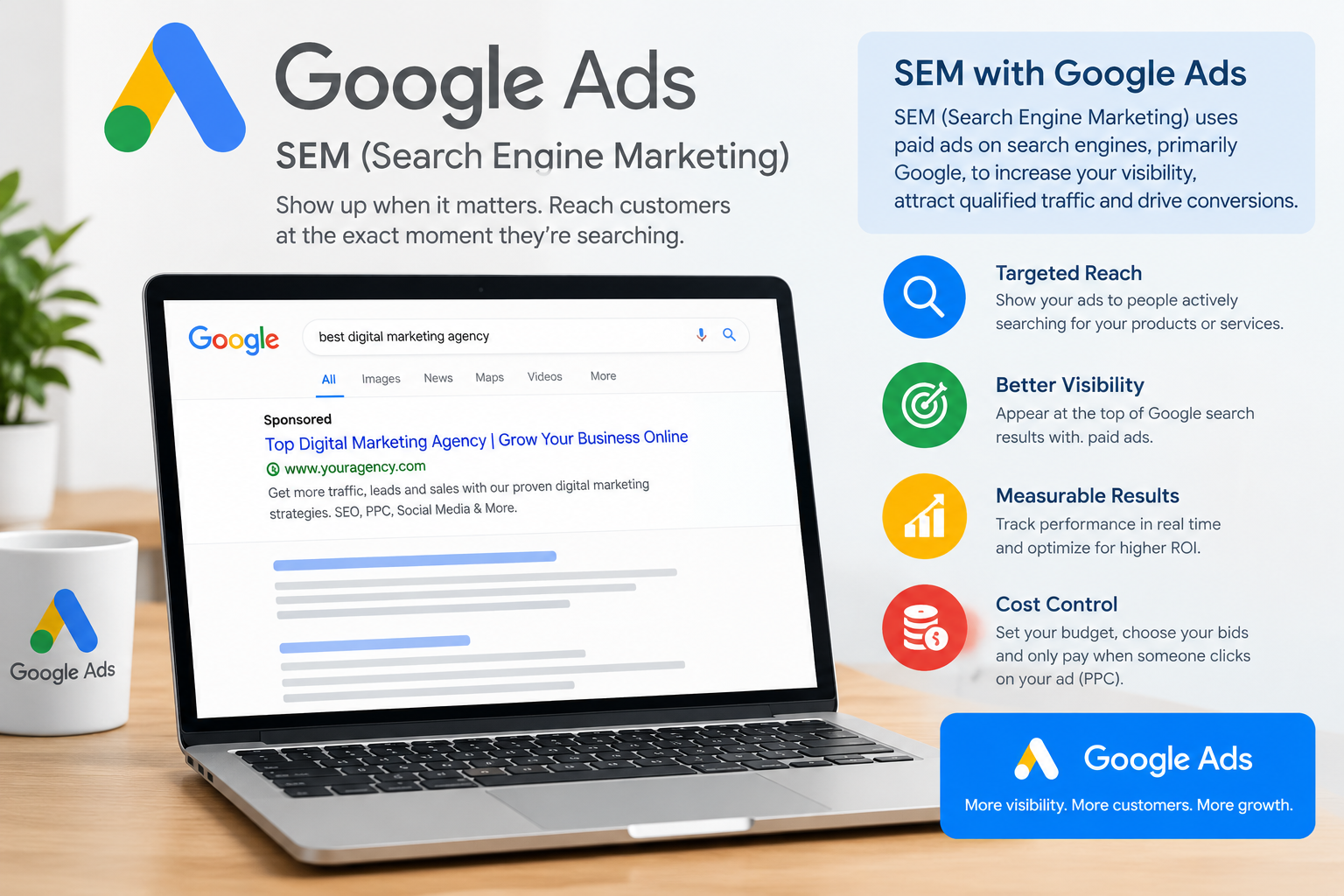 Google Ads SEM marketing banner with laptop, search results, and feature icons on a white background