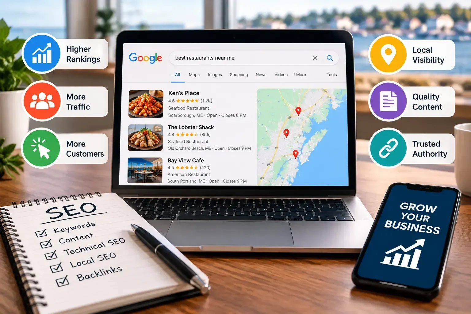 SEO marketing workspace with laptop, notebook, and phone displaying local search results and analytics icons