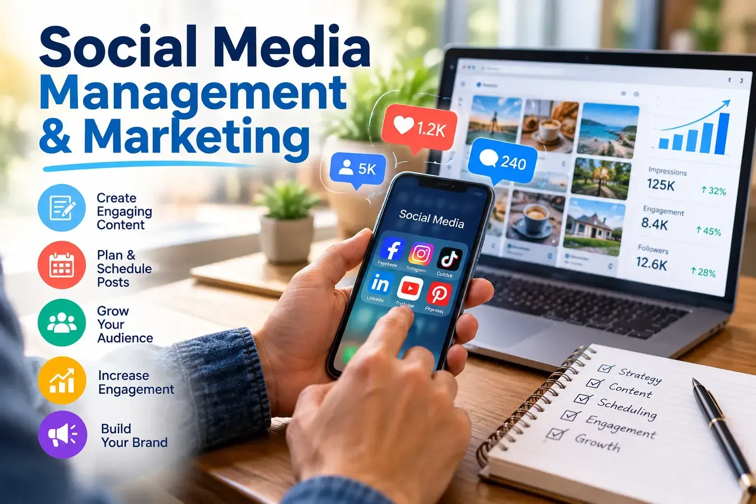 Social media marketing graphic with smartphone, laptop analytics, and colorful engagement icons