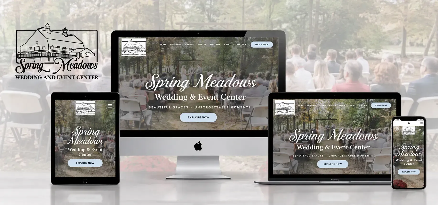 Responsive website mockup on desktop, tablet, and phones with a soft floral background