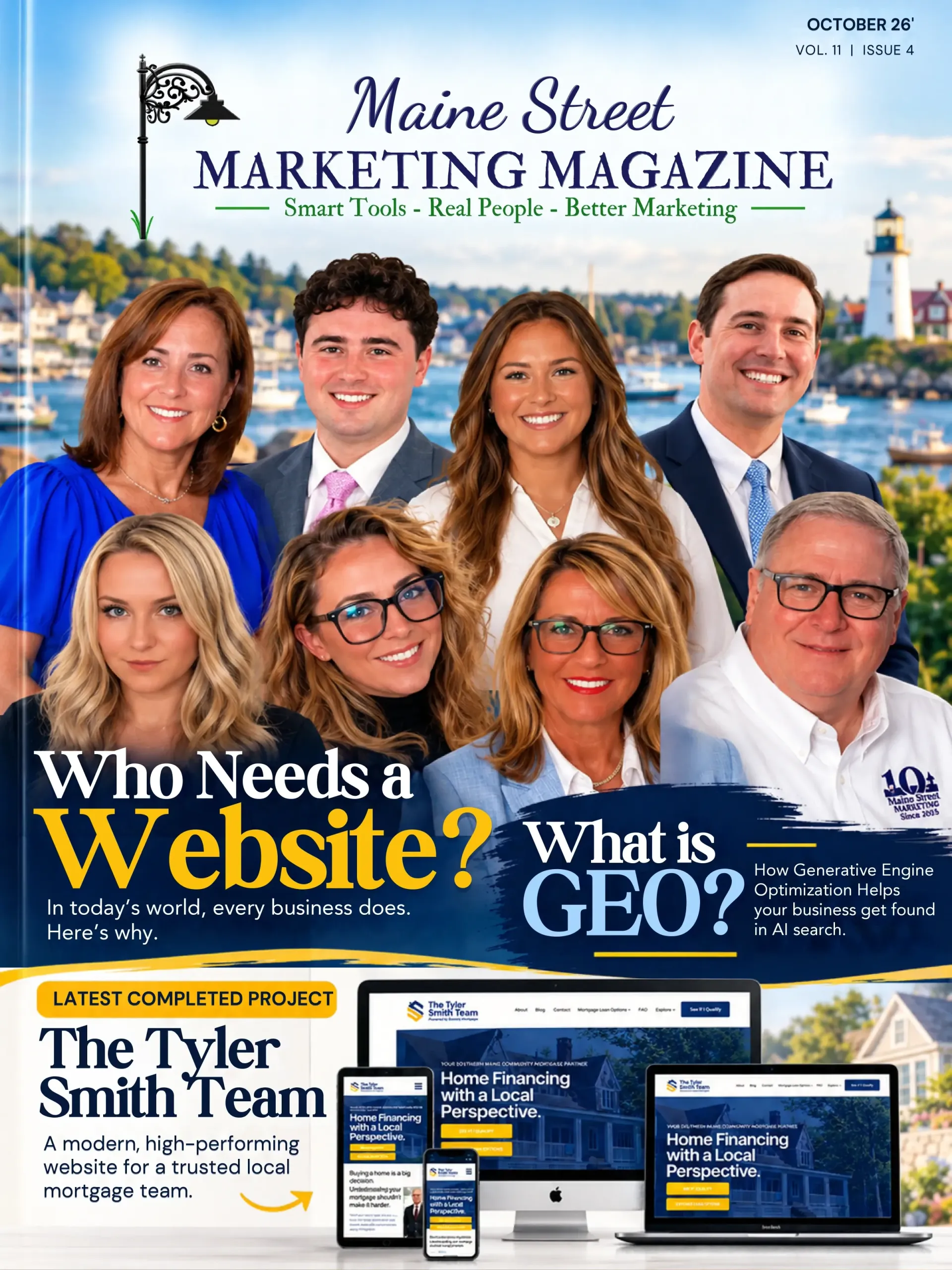 Maine Street Marketing Magazine cover with six portrait photos and headline “Who Needs a Website?”