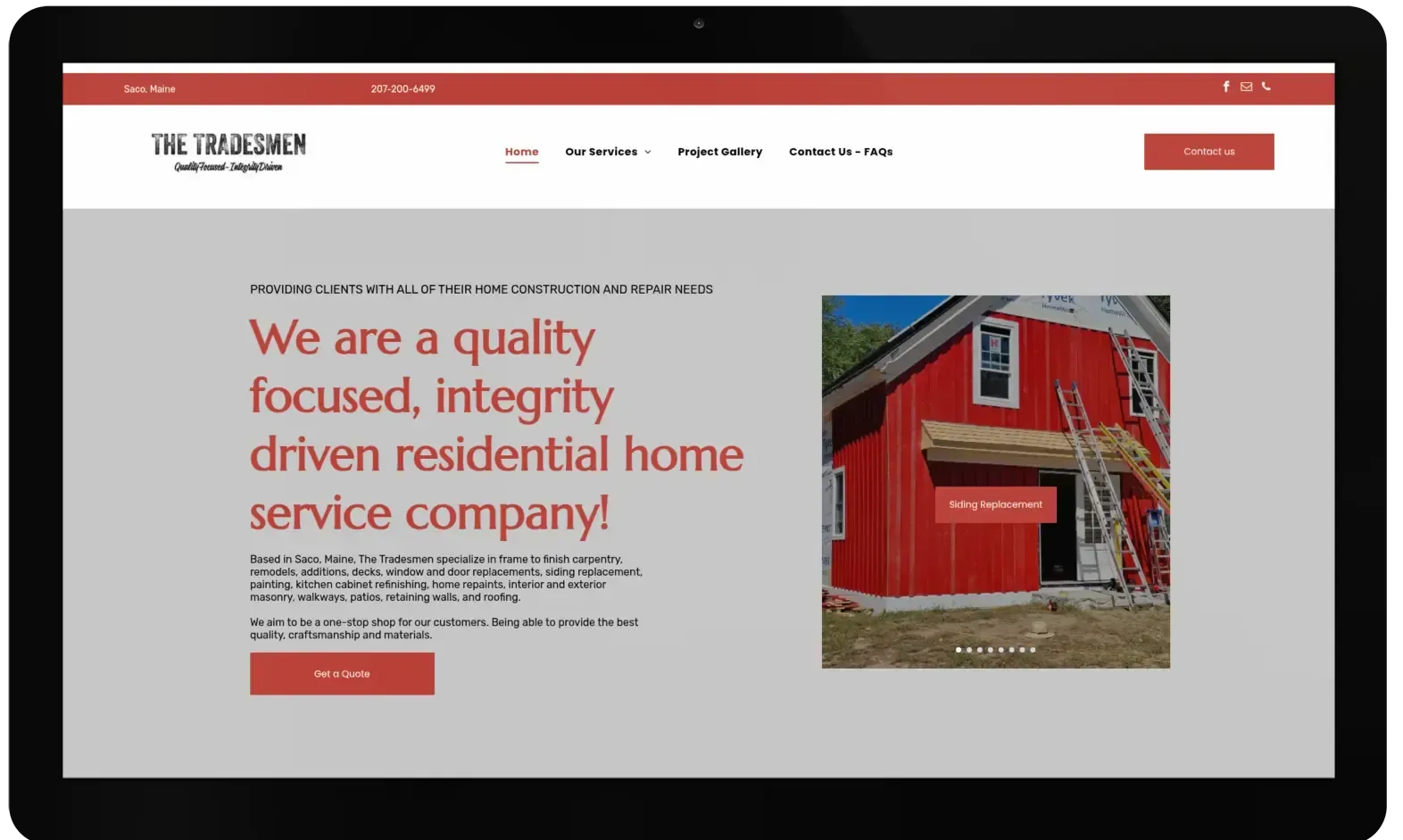 Website mockup on a tablet displaying The Transformation Company's homepage with a red house undergoing construction.