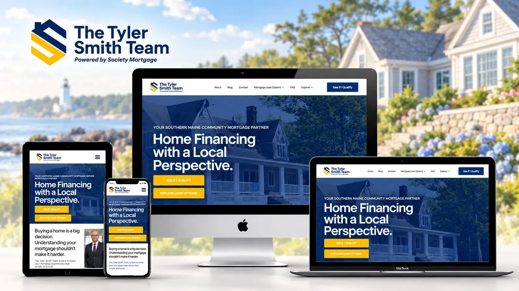 Tyler Smith Team real estate website shown on desktop, laptop, tablet, and phone in front of a house
