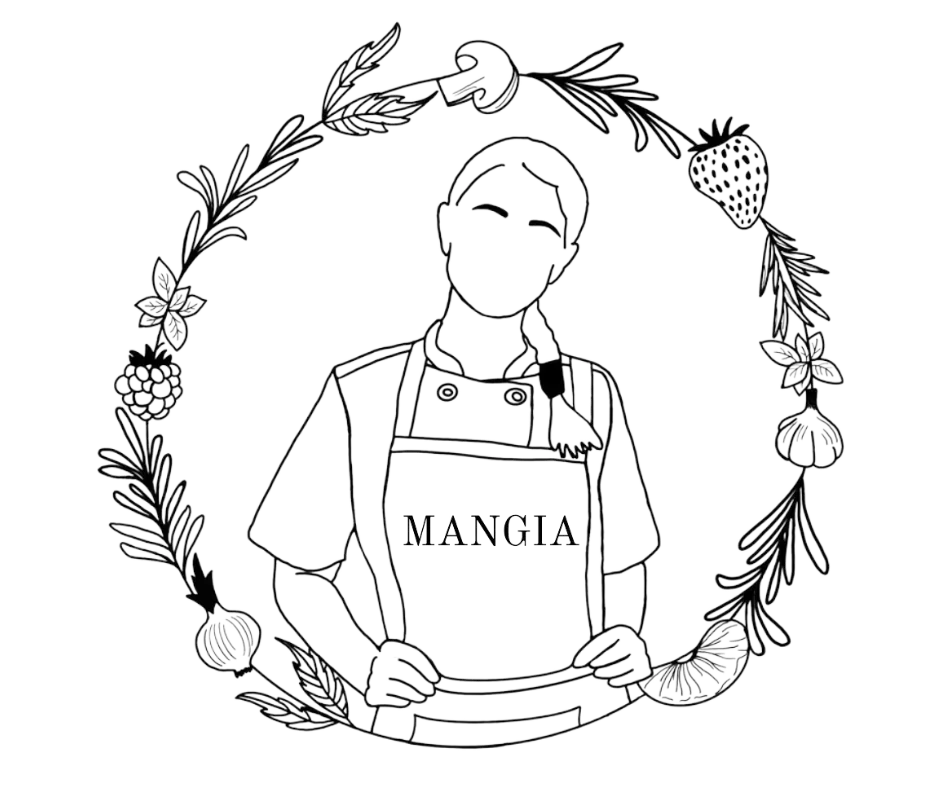 A black and white drawing of a woman in an apron surrounded by flowers.