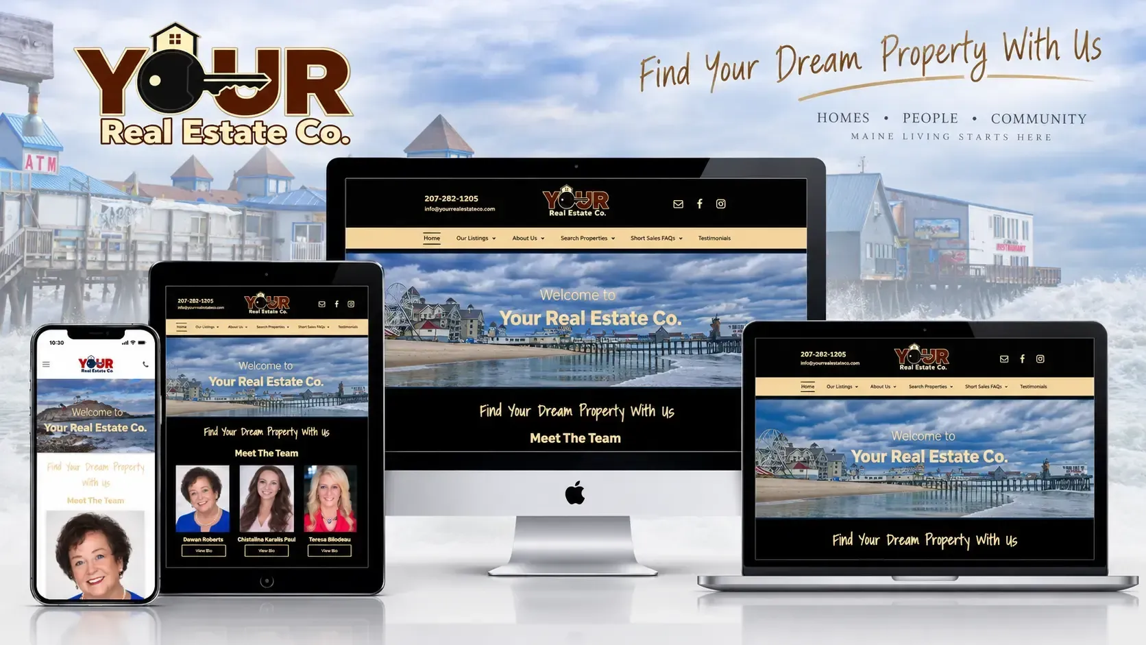 Real estate website shown on desktop, laptop, tablet, and phone with beach home listings and “Find your dream property” banner