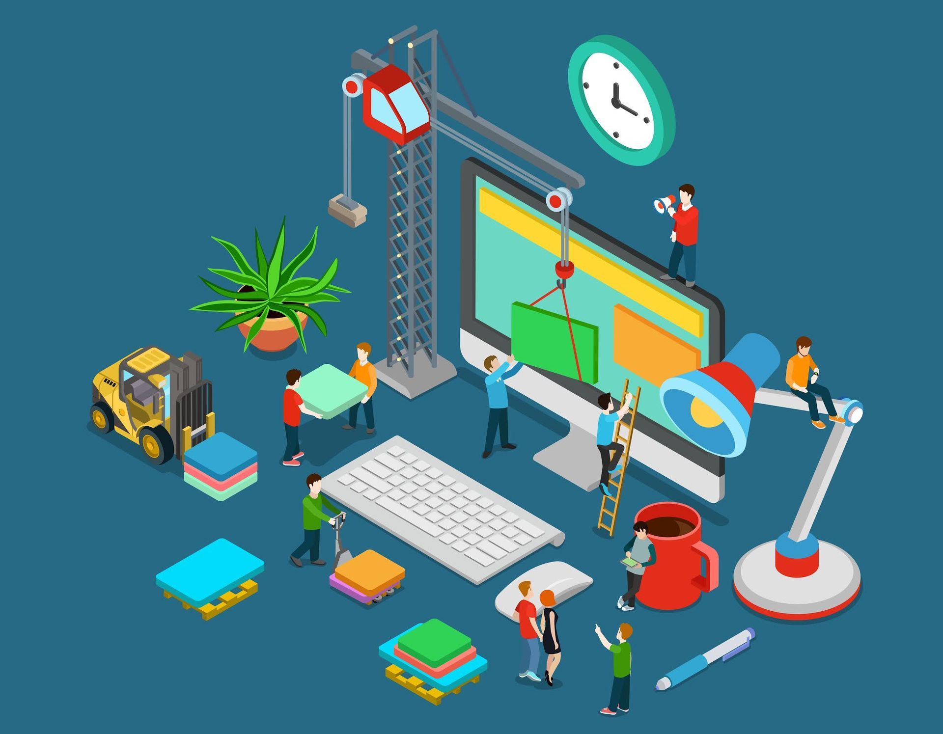 An isometric illustration of people working on a computer.