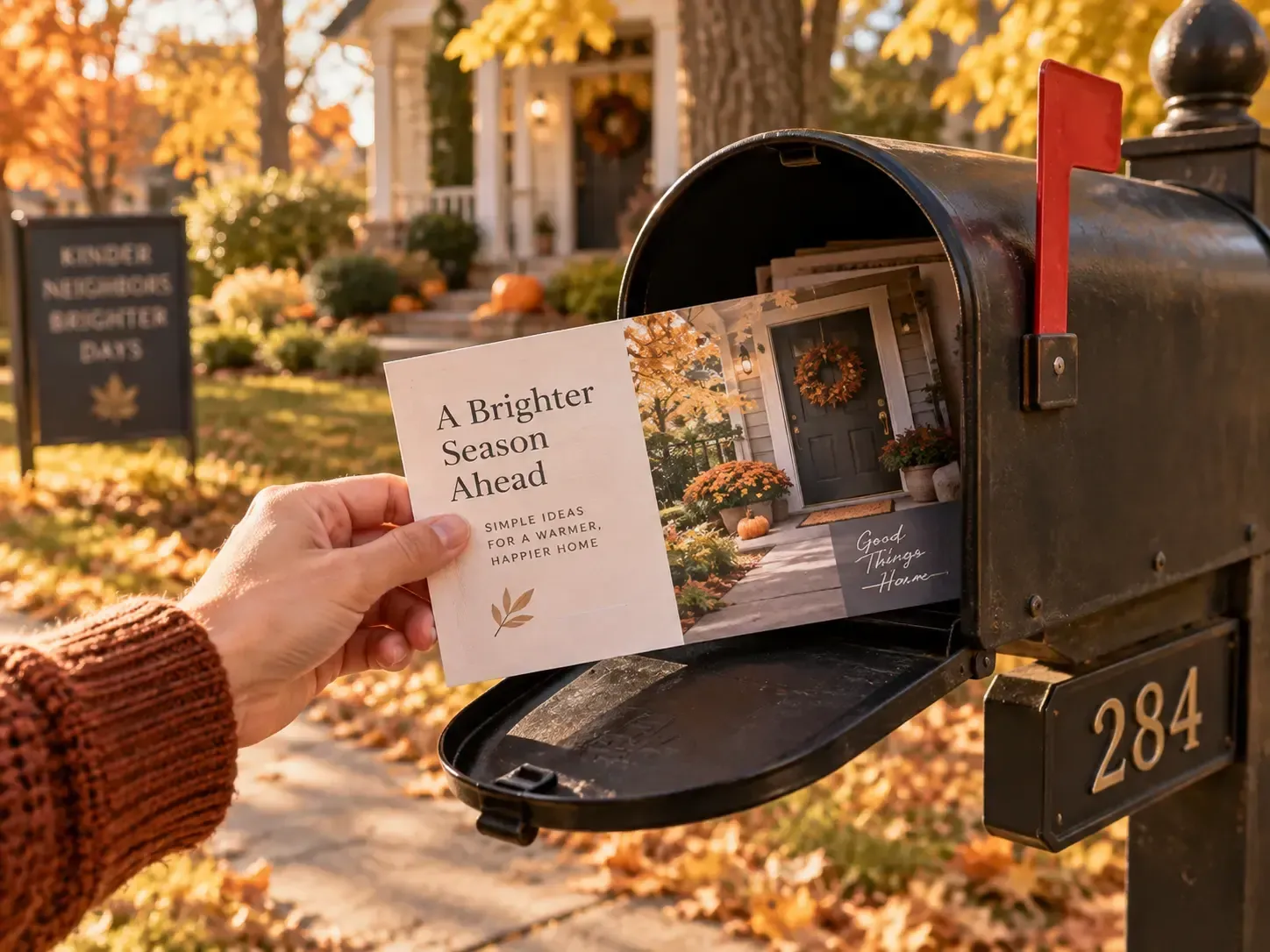 Hand placing a postcard into a black mailbox with fall decorations and house number 284