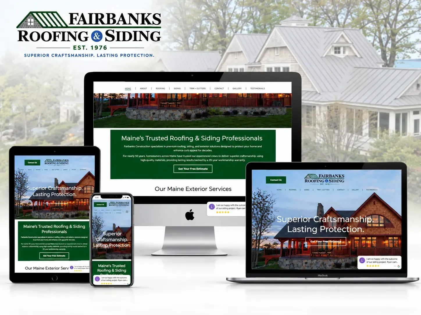 Fairbanks Roofing & Siding website displayed on desktop, tablet, and phone in a home exterior background