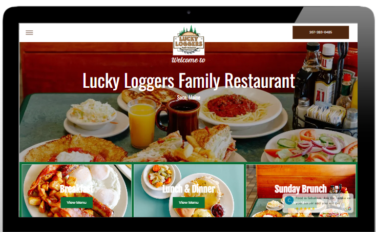 Restaurant website homepage for Lucky Loggers Family Restaurant, showing food dishes and a dinner buffet banner