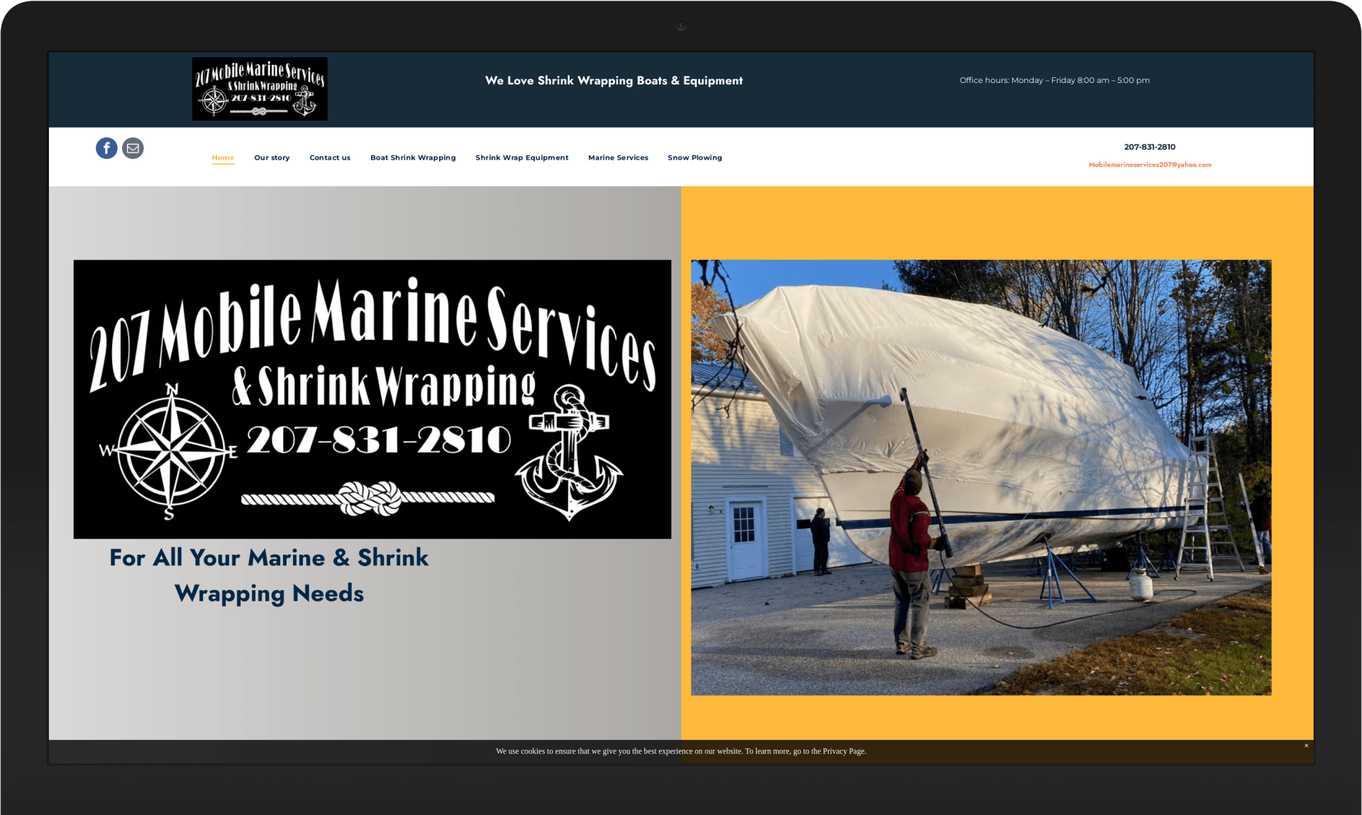 A computer screen shows a website for mobile marine services