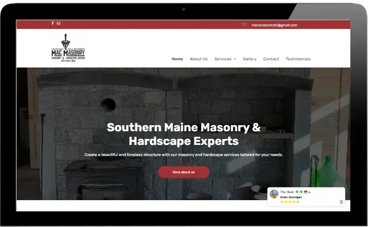 Website homepage for Southern Maine Masonry & Hardscape Experts with a dark hero banner and red header