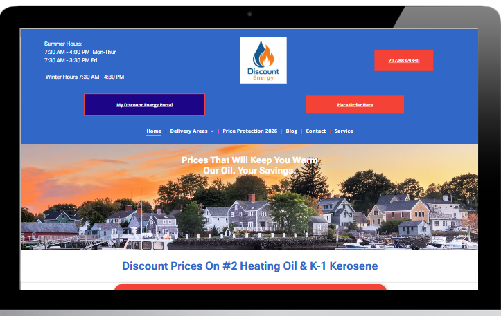 Website homepage for heating oil company with blue header, logo, buttons, and scenic neighborhood banner
