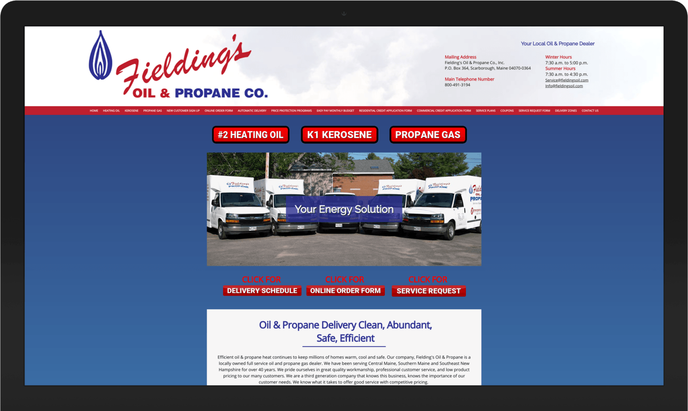 A computer screen shows a website for fieldings oil and propane co.