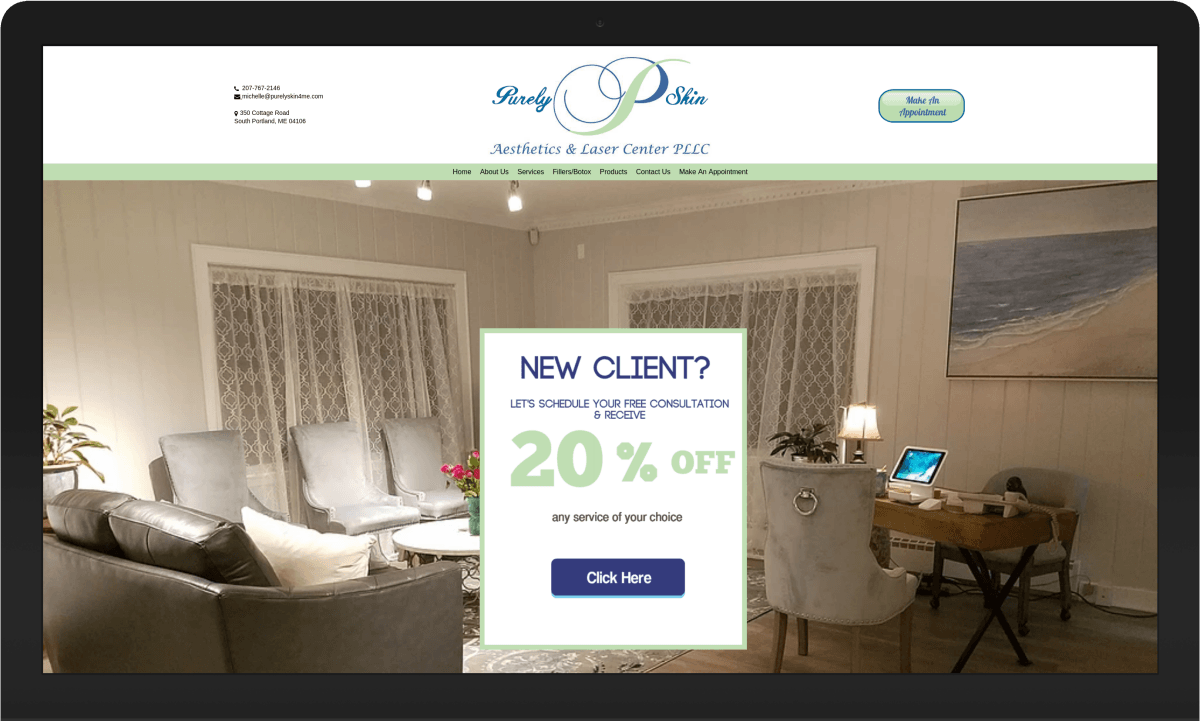A laptop screen shows a living room with a 20 % off sign.