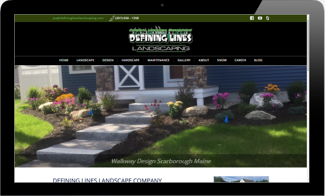 A computer screen shows a website for defining lines landscaping.