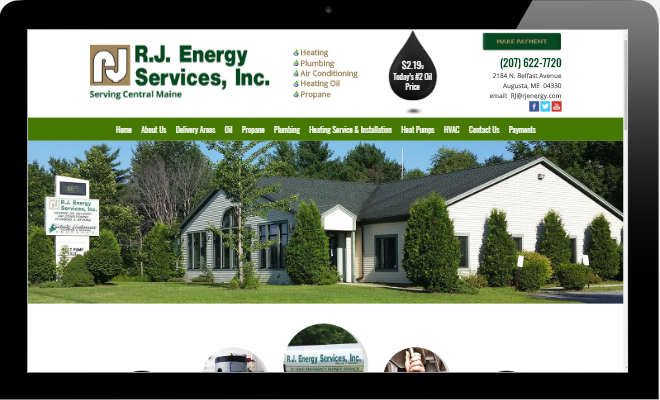 A computer screen shows a website for r.j. energy services inc.